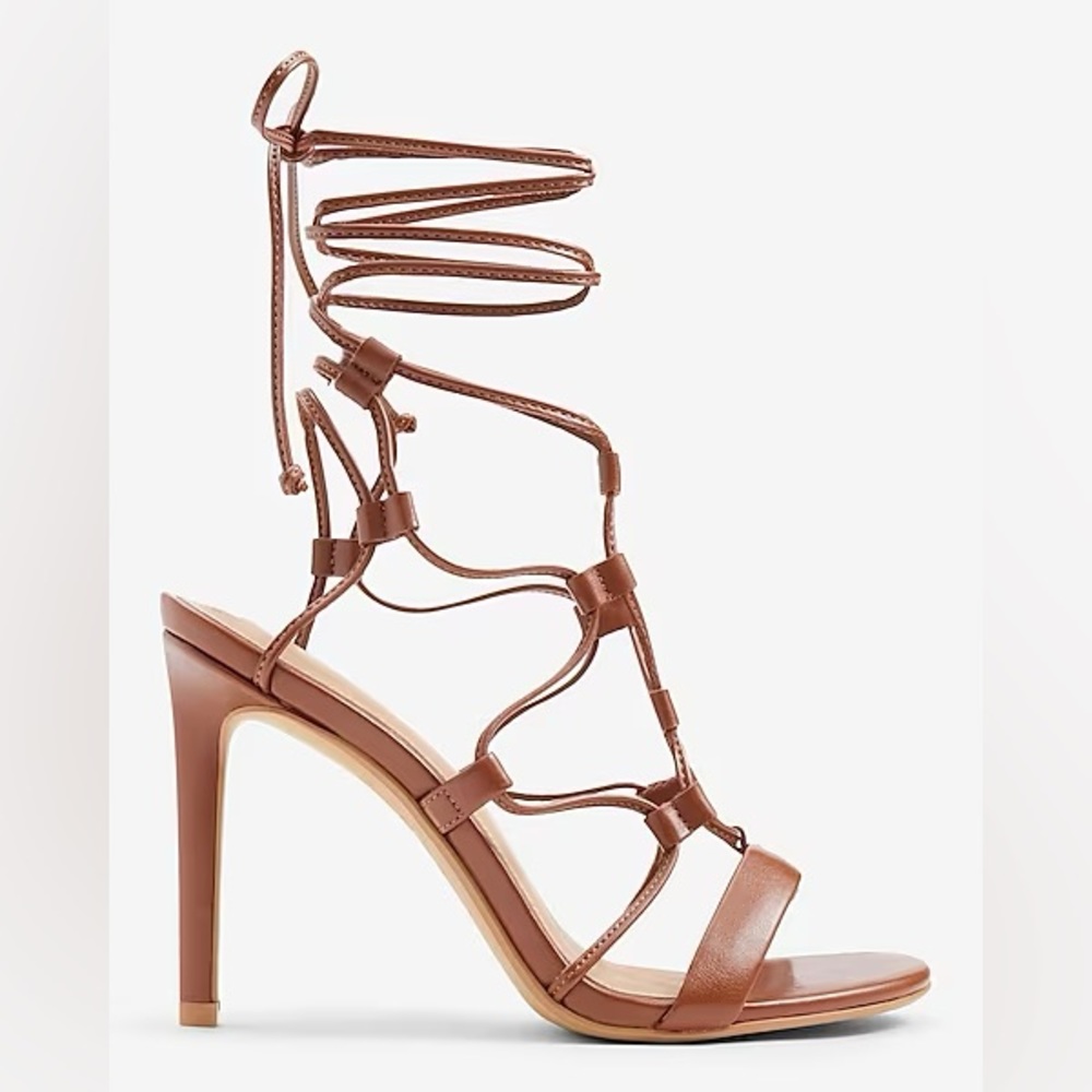 Express Brown Cognac Strappy Tie-Up Gladiator Heeled Sandals Heels